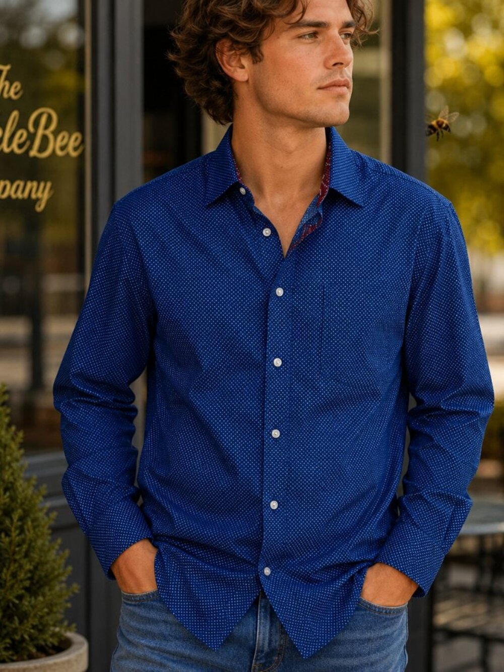 Aldo Men's Blue White Polka Dots Print Cotton Button Down Long Sleeve‎ Shirt XL